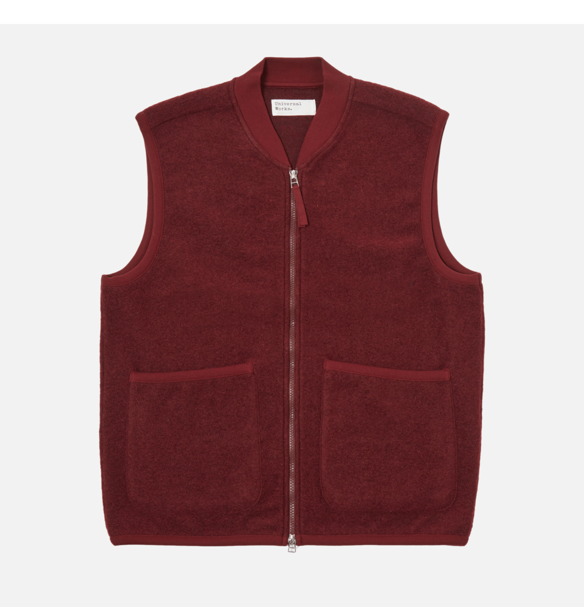 Universal Works Zip Waistcoat Wool Deep Red sleeveless jacket