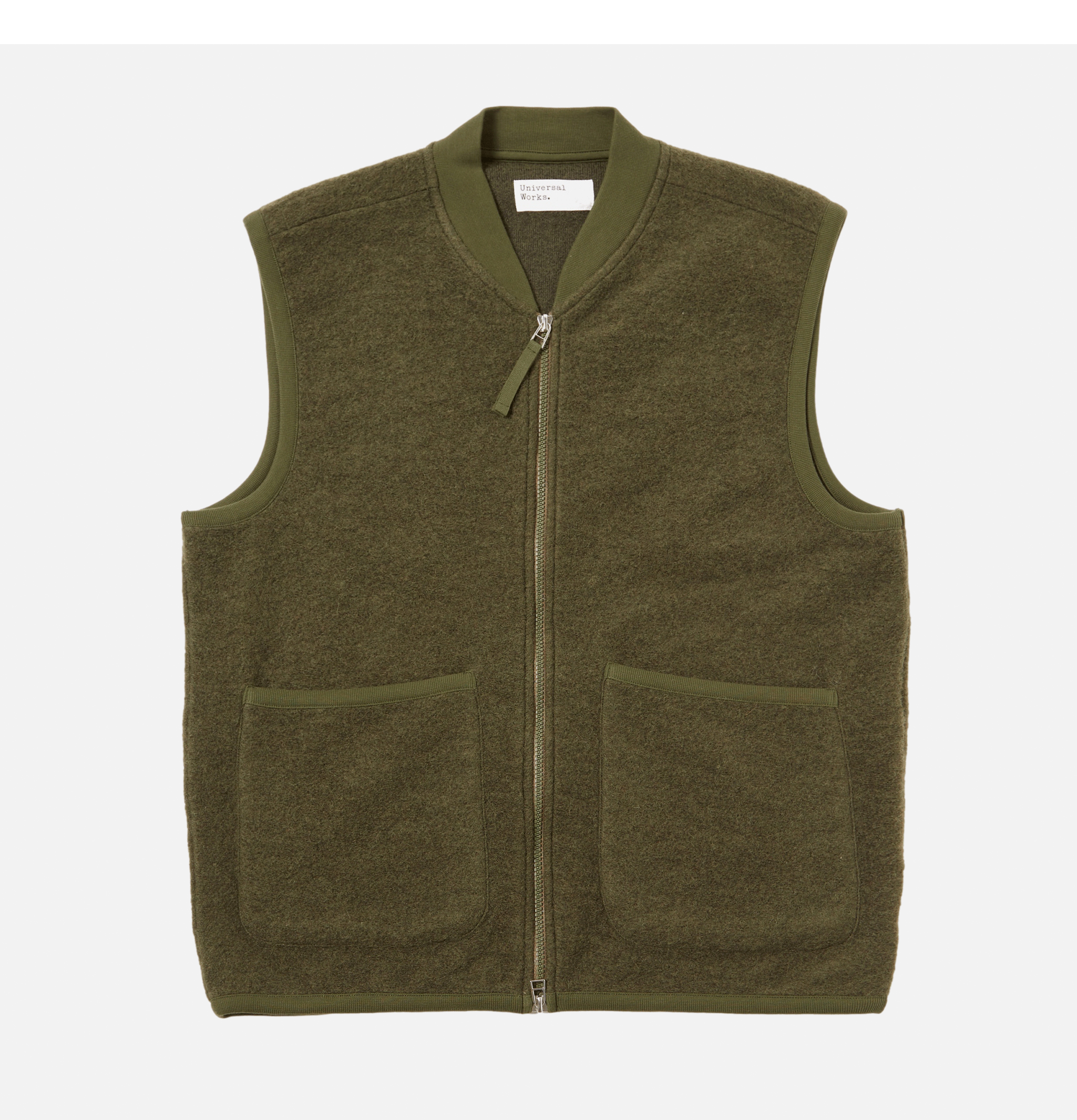 Universal Works Zip Waistcoat Wool Olive sleeveless jacket